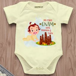 KNITROOT Onam Theme Half Sleeves  First Onam With Mom Dad Printed Onesie - Yellow-image-83