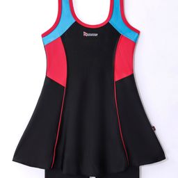 Rovars Cotton Blend Sleeveless Color Blocked Frock Swimsuit - Black & Red-image-74