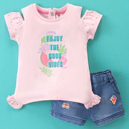ToffyHouse 100% Cotton Half Sleeves Top & Denim Shorts Set With Tropical Print - Candy Pink-picture-18