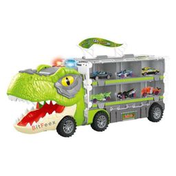 BitFeex Dinosaur Metal Car 2 in 1 Track Dinosaur Truck with 6 Pull Back Cars, Dinosaur Cars Set Light Music & Roar Sound Slide and Car Launcher-Multicolor-1