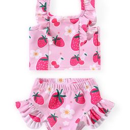 Babyhug Water Repellant Sleeveless Two Piece Swimsuit with Frill Detailing Strawberry Print - Pink-picture-20