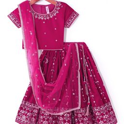Babyhug Woven Half Sleeves Velvet Sequin Embroidered Choli & Lehenga Set with Dupatta - Dark Pink-image-72