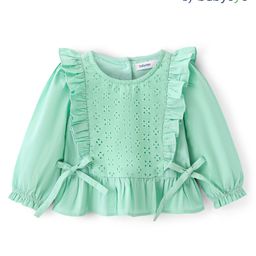Babyoye Cotton Knit Full Peasant Sleeves Solid Colour Top with Schiffli & Frill with Bow Applique - Green-image-19