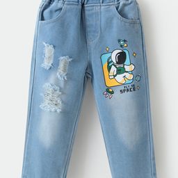 Kookie Kids  Denim Full Length Distressed Jeans with Space Theme Print - Blue-image-104