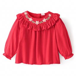 Babyhug Rayon Knit Full Sleeves Top With Floral Embroidery & Frill Detailing - Red-image-82
