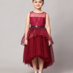 Toy Balloon Kids Sleeveless Sequin Embellished Net Detailed High Low Layered Dress - Wine-image-11