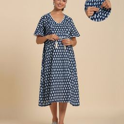 Ikk Kudi by Seerat Cotton Half Sleeves Floral  Printed Dress With Concealed Zipper Nursing Access - Blue-picture-27