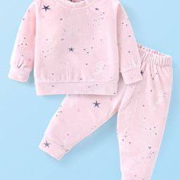 Babyhug Velour Knit Fulll Sleeves Stars Printed Winter Wear Co-Ord Set - Light Pink-image-100