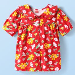 Babyhug Cotton Knit Half Sleeves Top with Peter Pan Collar & Floral Print -Red-picture-13