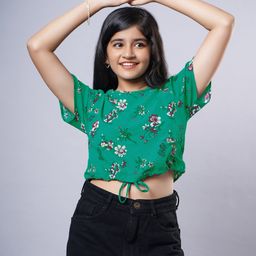 TeenTrums Rayon Half Sleeves Floral Printed Tie Up Crop Top - Green-image-3