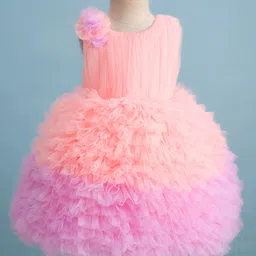 Bluebell Tissue Sleeveless Party Frock With Ruffles & Frill Detailings & Floral Applique - Peach-picture-19