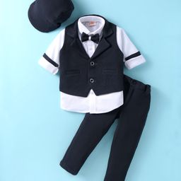 Rikidoos Cotton Full Sleeves Solid Shirt With Waistcoat Pant Bow & Cap Set - Dark Grey & Navy Blue-image-23