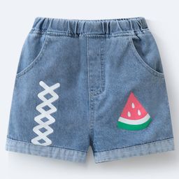 Mark & Mia Above Knee Length Washed Denim Shorts with Watermelon Print - Light Blue-image-26