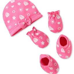 Babyhug 100% Cotton Knit Cap Mittens & Booties Set with Bow Applique & Nautical Theme Print Pink - Diameter 10 cm-image-87