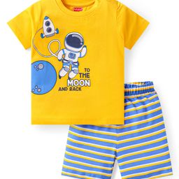 Babyhug Cotton Knit Half Sleeves Shorts Night Suit with Space Theme Print & Stripes - Yellow-picture-10