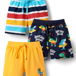 Babyhug Single Jersey Knit Shorts With Stripes & Dino Print Pack Of 3 - Yellow Light Blue & Navy Blue-image-71