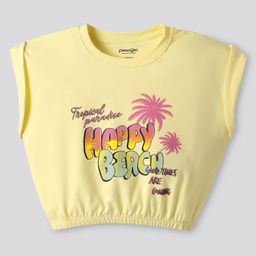 Primo Gino Cotton Knit Half Sleeves Waist Length T-Shirt with Happy Beach Theme Text Print - Yellow-image-67