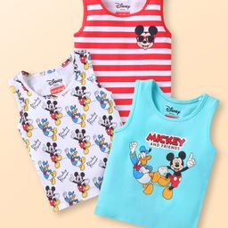 Babyhug Disney Single Jersey Knit Sleeveless Vests With Mickey Mouse Graphics Pack of 3 - Aqua Blue Red & White-image-58