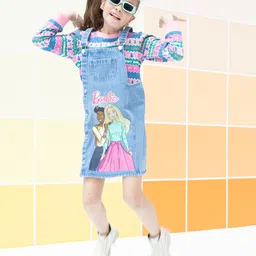 Barbie by Tiny Girl Mattel Featuring Barbie Printed Dungaree With Full Sleeves Top - Light Blue-picture-46