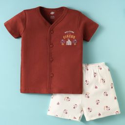 Zero Interlock Knit Front Open Half Sleeves Shorts Night Suit With Circus Print - Brown & White-11