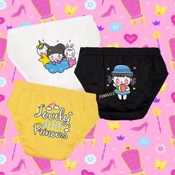 NUSYL Cotton Pack Of 3 Cute Girl & Unicorn Printed Panties - White & Black & Yellow-image-130