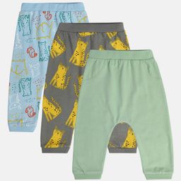 MINI KLUB Cotton Pack Of 3 Baby Animals Printed & Solid Diaper Pajamas - Blue Green & Grey-picture-44