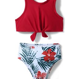 KIDLINGSS Sleeveless Solid Knot Detailed & Leaves Printed 2 Piece Swimsuit - Red-image-46