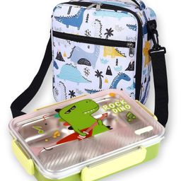 Little Surprise Box Rock Dino Print Stainless Steel Lunch Box with Lunch Bag - Green-picture-11