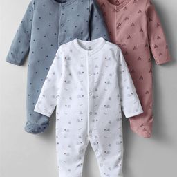 I Bears Interlock Knit Full Sleeves Footed Sleepsuit With Star Print Pack Of 3 - White Grey & Pink-image-9