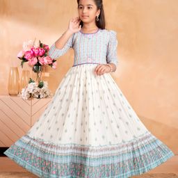 Aarika Georgette Woven Three Fourth Sleeves Striped & Floral Printed Tiered Gown - Cream & Sea Green-image-71