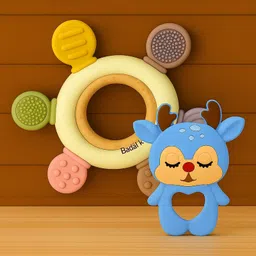 Badal Kidz Premium Wooden & BPA-Free Silicone Teether Combo, Safe & Soothing for Babies- Beige & Blue-picture-40