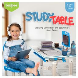 BAYBEE Kids Study Table for Students with Chair, 40 Degree Tiltable Desktop, Height Adjustable Desk with Divider Drawer, Bookshelf, & Holders | Reading & Writing Study Table for Kids - Blue image 2