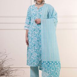 Anouk Floral Printed Notch-Neck Pure Cotton Kurta With Palazzos And Dupatta-picture-13
