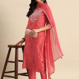 Sangria Floral Embroidered Sequinned Pure Cotton Kurta with Trousers & Dupatta-14