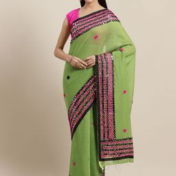 Laa Calcutta Green & Pink Handloom Embroidered Saree-image-49