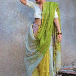 Chidiyaa Noor Lime Green Pearl Grey Yellow Handwoven Linen Zari Saree Gazala-picture-14