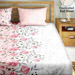 BELLA CASA Scarlet Floral Pink 220 TC Cotton King Fitted Sheet with 2 Pillow Covers-picture-17