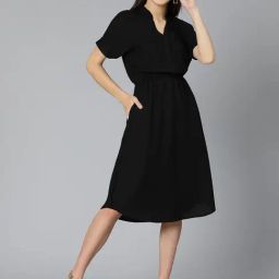 Oxolloxo Black Cotton Fit & Flare Dress-image-3