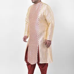 DEYANN PLUS Men Plus Size Cream-Coloured & Maroon Ethnic Motifs Printed Dupion Silk Kurta image 3