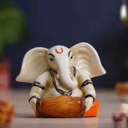eCraftIndia White Polyresin Hcrafted Lord Ganesha Idol Playing Dholak Musical Instrument Showpieces-image-51