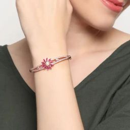 Aatmana Rose Gold-Plated American Diamond Ruby Studded Floral Patterned Bracelet-7