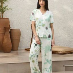 Sweet Dreams Green Satin Abstract Pyjama Set-image-27
