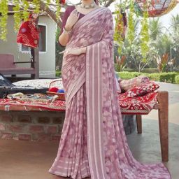 Satrani Pink Printed Saree With Unstitched Blouse-image-99