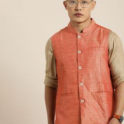 Taavi Men Orange Indie Print Sleeveless Festive Casual Nehru Jackets-image-32