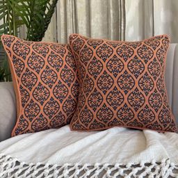 EXPORT HOUSE Beige & Navy Blue Set of 2 Ethnic Motifs Square Cushion Covers-38