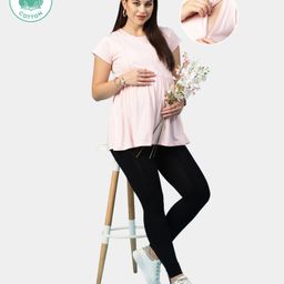 ECOMAMA Half Sleeves Organic Cotton & Bamboo Antimicrobial Ruffled Lounge Tee Solid - Light Pink-image-48