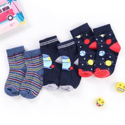 Cutewalk By Babyhug Anti Bacterial Ankle Length Non Terry Socks Planet Design Pack of 3- Blue-14