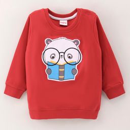 Babyhug Full Sleeves Cotton Knit Sweatshirt With Cartoon Print Applique - Red-image-97