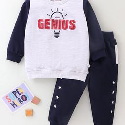 Kookie Kids Full Sleeves Winter Wear T-Shirt & Lounge Pants With Graphics & Applique Detailing - Grey & Blue-image-63