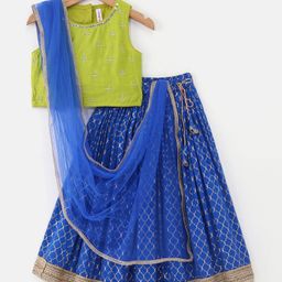 Babyhug Sleeveless Embroidered Choli With Foil Printed Lehenga and Dupatta Set -Blue-image-77